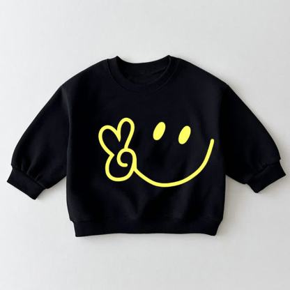 Felpa nera per neonati e bambini con stampa di faccina sorridente e simbolo della pace. - Nero - 3-5T - image 1