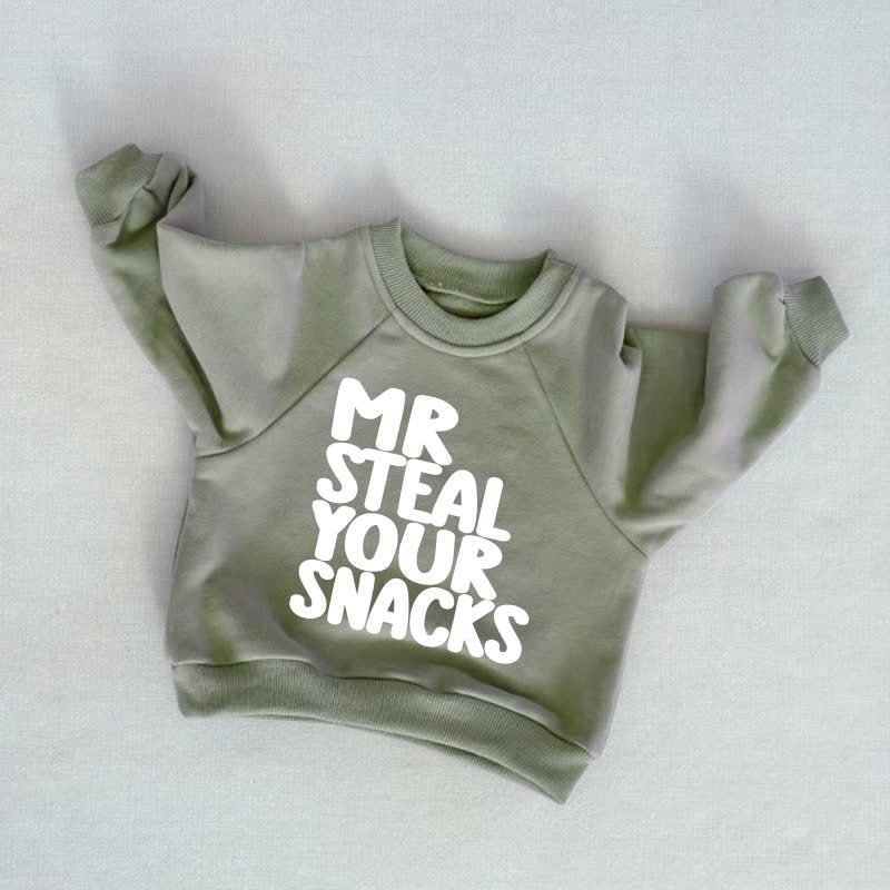 Felpa grigio-verde per neonati e bambini piccoli con la scritta "MR RUBA I TUOI SNACK" - Grigio Verde - 3-5T - image 1