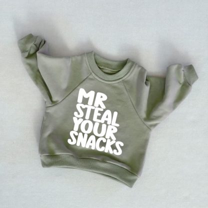 Felpa grigio-verde per neonati e bambini piccoli con la scritta "MR RUBA I TUOI SNACK" - Grigio Verde - 3-5T - image 1
