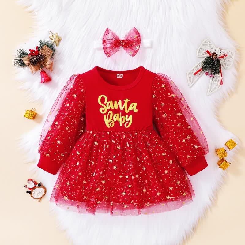 SANTA BABY - Abito da bambina in tulle rosso con stelle e fascia per capelli - Rosso - 4-5 anni - image 1