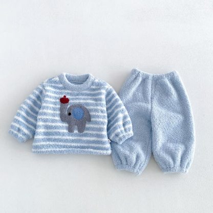 Completo da salotto per neonati e bambini in morbido pile a righe con motivo animali, composto da 2 pezzi. - Blu - 4-5T - image 2