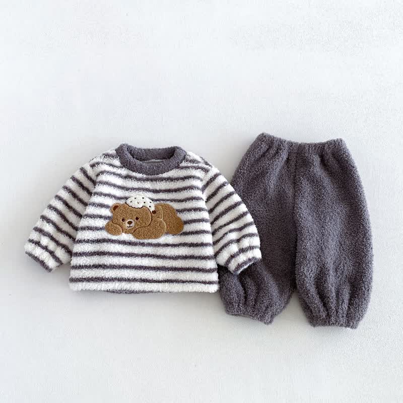 Completo da salotto per neonati e bambini in morbido pile a righe con motivo animali, composto da 2 pezzi. - Grigio - 4-5T - image 4