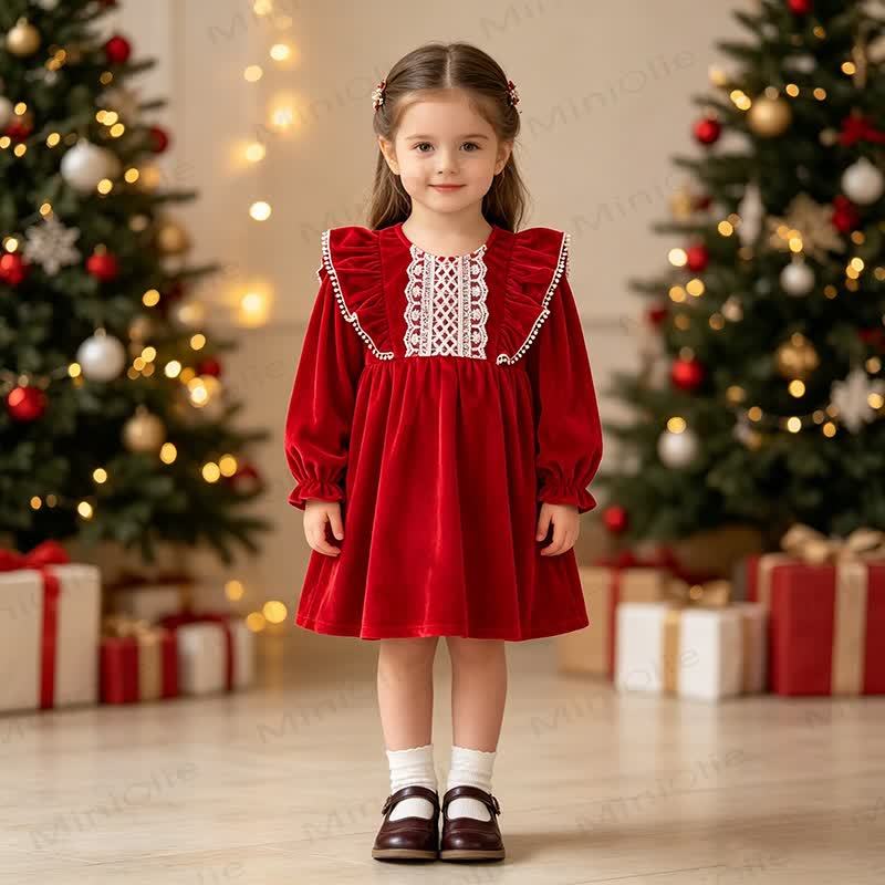 Vestito natalizio da bambina in velluto rosso e pizzo - image 2
