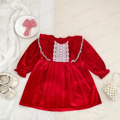 Vestito natalizio da bambina in velluto rosso e pizzo - image 3