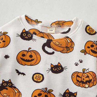 Set di 2 pezzi con stampa di gatto nero, zucca e pipistrello, motivo waffle. - image 3