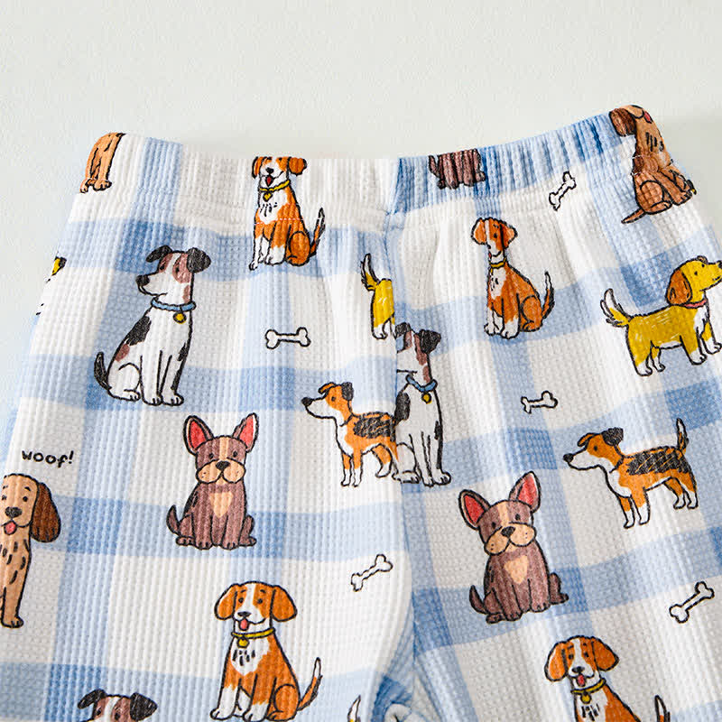 WOOF! Set di 2 pezzi con stampa di cagnolino, motivo a quadri blu e waffle. - image 3