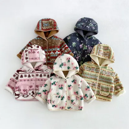 Giacca con cappuccio in pile a fantasia floreale per bambina. - image 1
