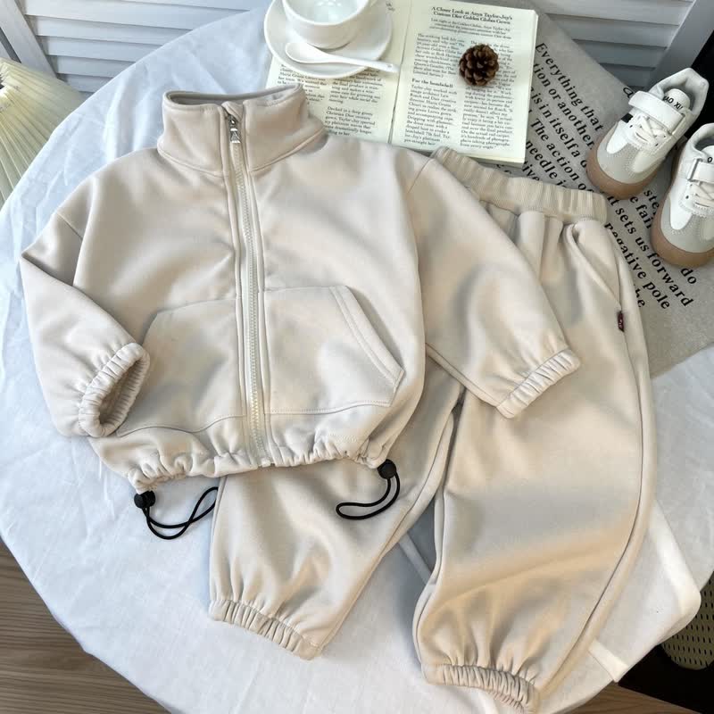 Completo due pezzi per neonato/a: giacca e pantaloni sportivi casual con cerniera. - Beige - 4-5 anni - image 2