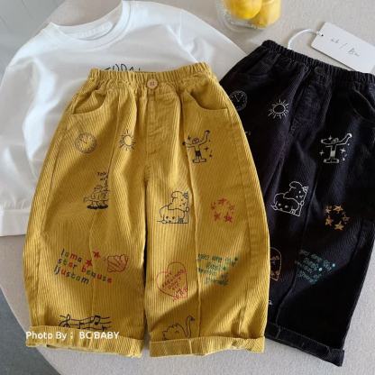 Pantaloni a gamba dritta in velluto a coste con stampa a scarabocchi per bambini - image 1