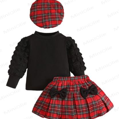 Completo da bambina con abito classico a quadri e berretto. - image 3