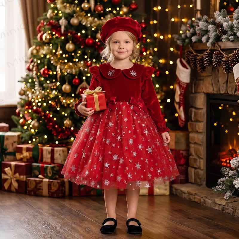 Completo per bambina con vestito in tulle con colletto a fiocco di neve e berretto - image 2