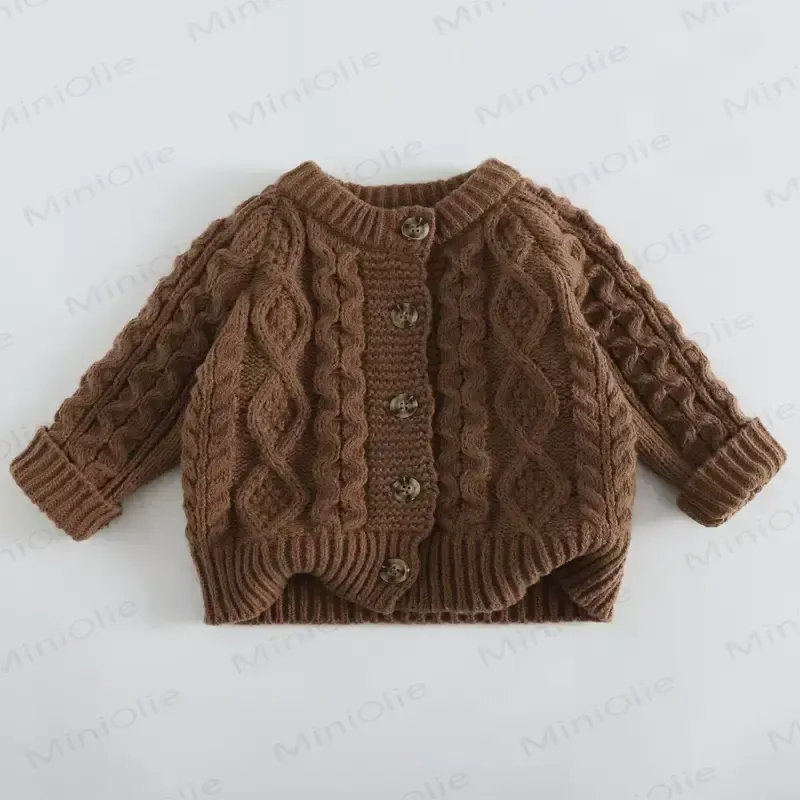Cardigan a coste con bottoni per bambina. - Caffè - 6-7T - image 8