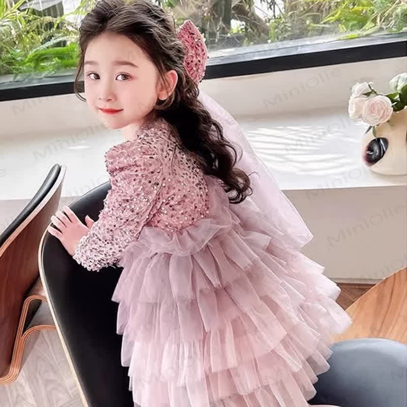 Vestito da bambina con paillettes in rete e velo a fiocco - image 5