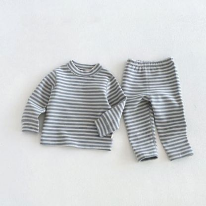 Completo da casa per neonati e bambini piccoli, composto da maglietta e pantaloni a righe, due pezzi. - Grigio - 6-7T - image 4