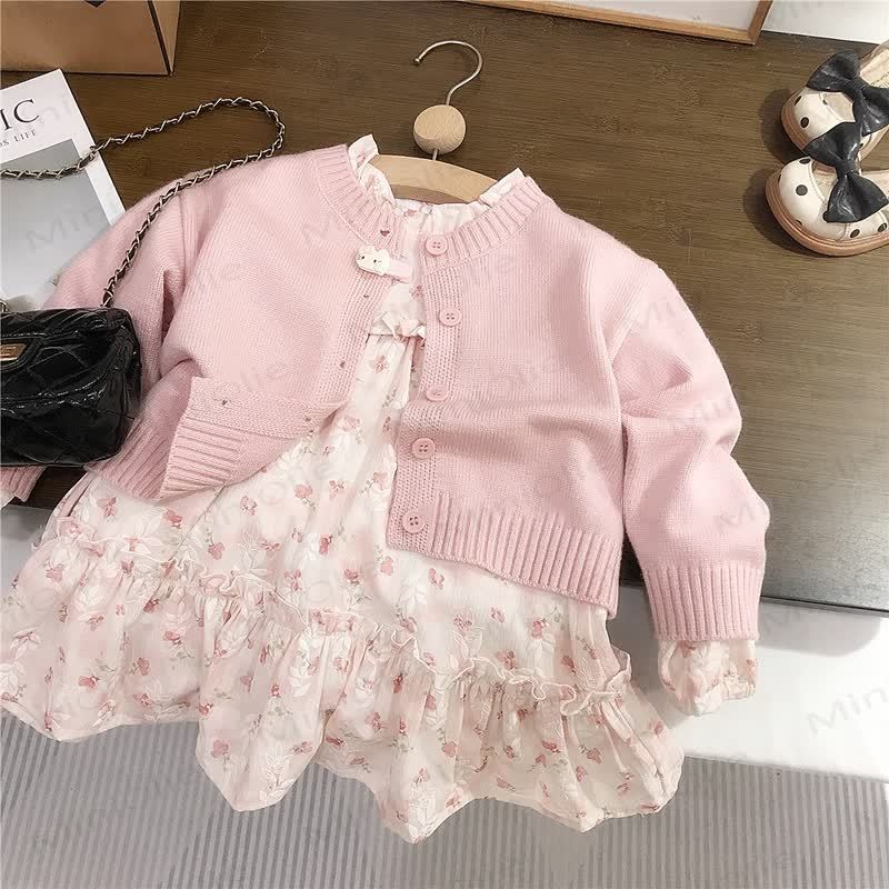 Vestito beige a fiori per bambina/Cardigan rosa - image 4