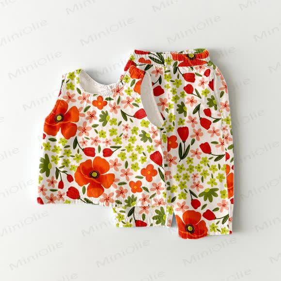 Completo da neonata/bambina senza maniche, beige, con stampa floreale, composto da due pezzi. - Beige - 5-7T - image 1