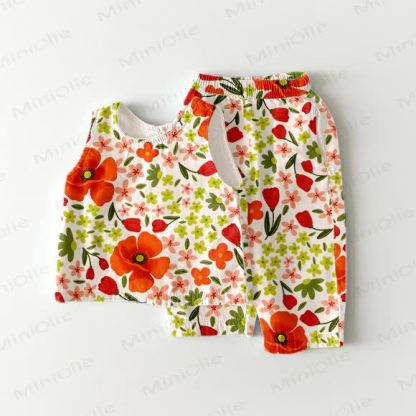 Completo da neonata/bambina senza maniche, beige, con stampa floreale, composto da due pezzi. - Beige - 5-7T - image 1