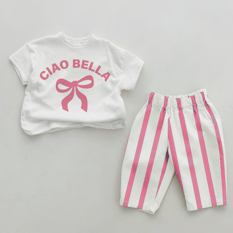 Completo 2 pezzi CIAO BELLA Baby con fiocco, righe verticali rosa - Bianco e rosa - 2-3T - image 1