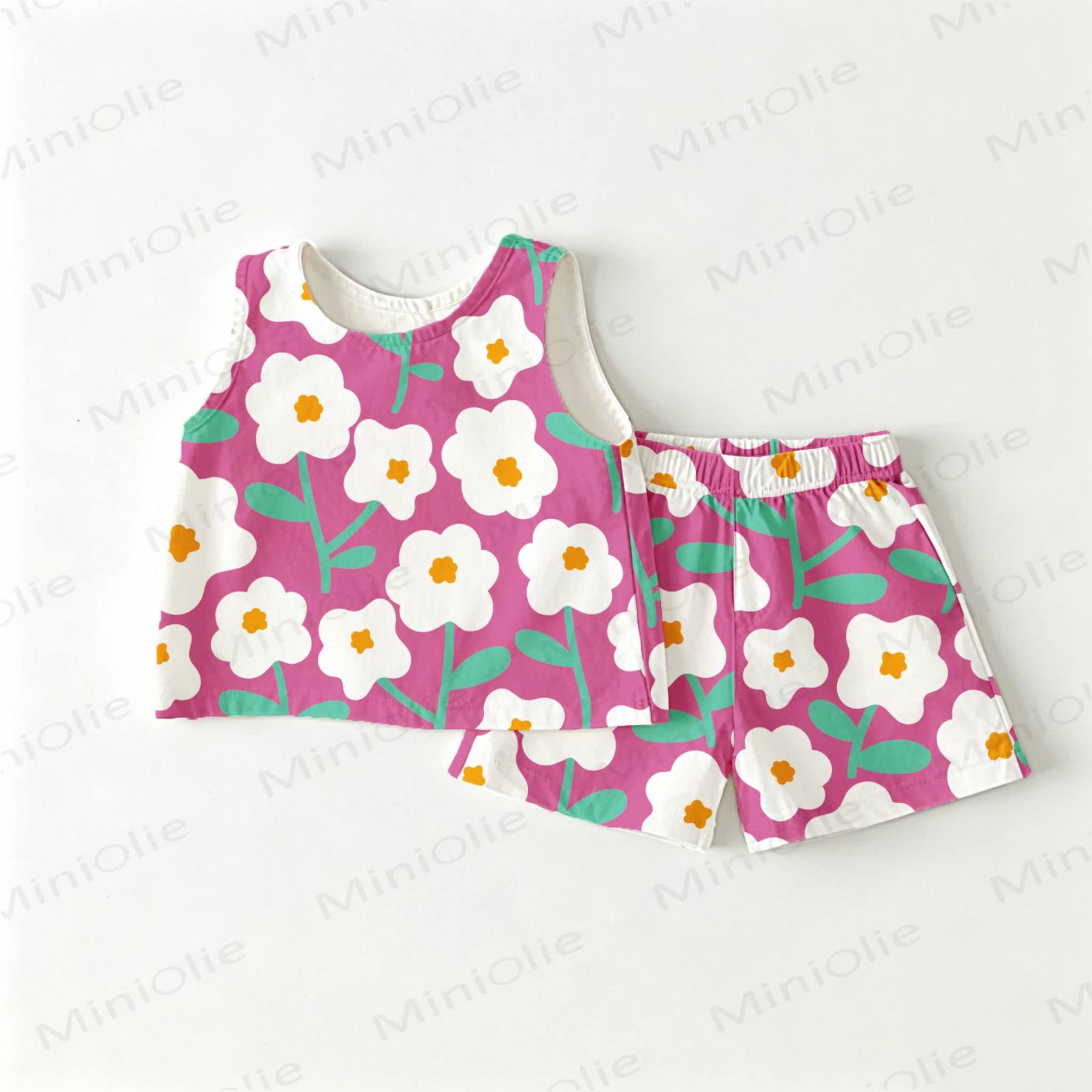 Completo da neonata/bambina senza maniche con stampa di margherite rosa, composto da due pezzi. - Rosa - 3-4 anni - image 1