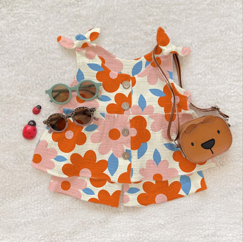 Set di bretelle da bambina con graziosa stampa floreale, composto da due pezzi. - Beige - 2-3T - image 1