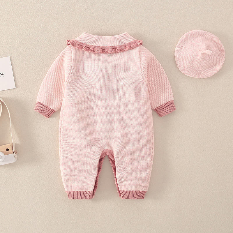 Tutina con colletto in pizzo floreale rosa baby e cappello - image 2
