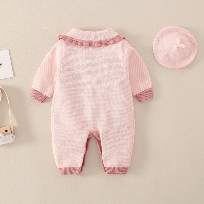 Tutina con colletto in pizzo floreale rosa baby e cappello - image 2