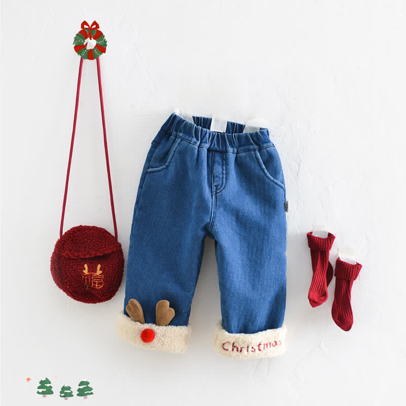 Pantaloni foderati in pile di cervo denim per neonati di NATALE - image 2
