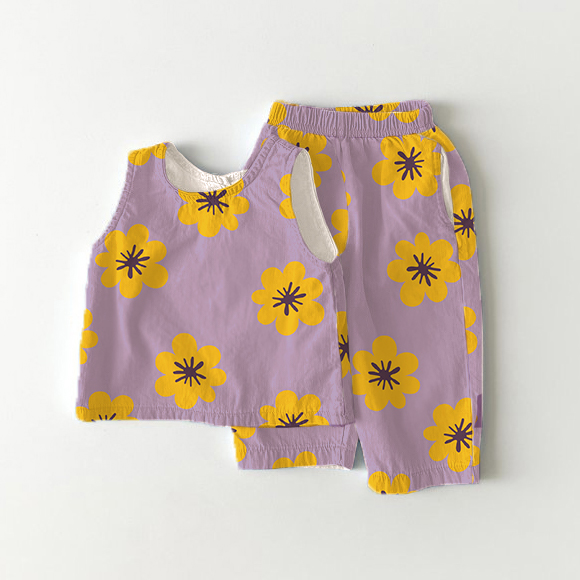Completo da bambina composto da top e pantaloncini viola con stampa floreale, due pezzi. - Viola - 3-4 anni - image 1