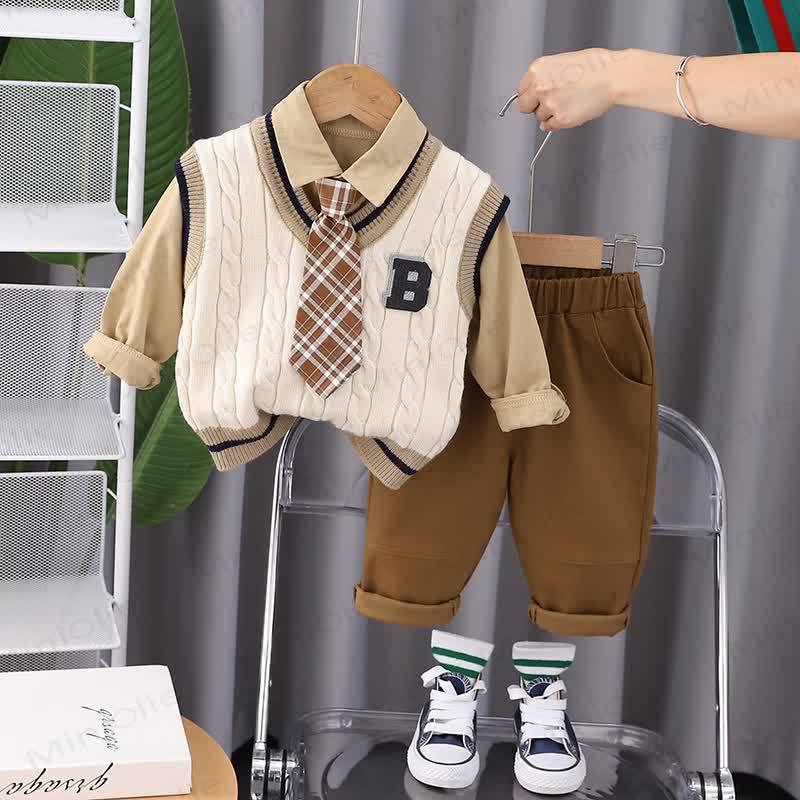 B Baby Toddler Boy Plaid Set 3 pezzi - Beige - 5-7T - image 4