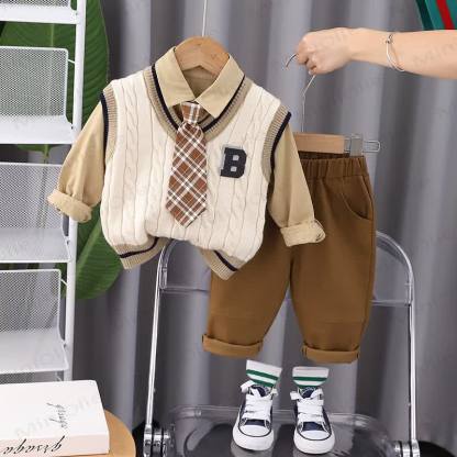 B Baby Toddler Boy Plaid Set 3 pezzi - Beige - 5-7T - image 4