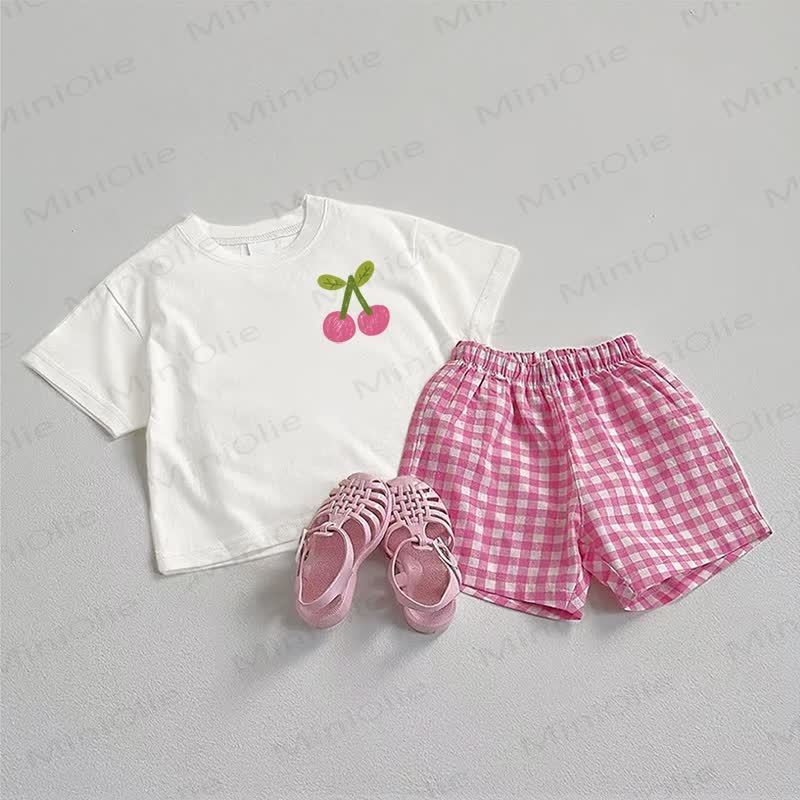 Completo due pezzi composto da maglietta rosa ciliegia e pantaloncini a quadri. - Bianco e rosa - 3-5T - image 1