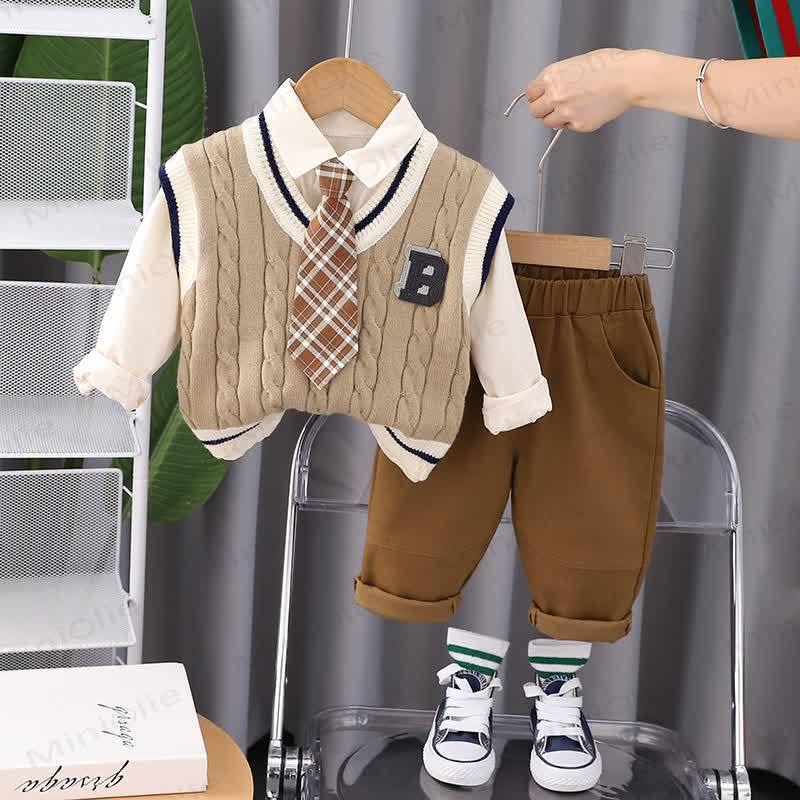 B Baby Toddler Boy Plaid Set 3 pezzi - Cachi - 5-7T - image 5