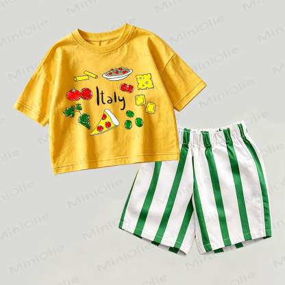 Completo 2 pezzi per neonati ITALIA, composto da top giallo e verde con stampa cibo e pantaloncini a righe. - Giallo e verde - 2-3T - image 1