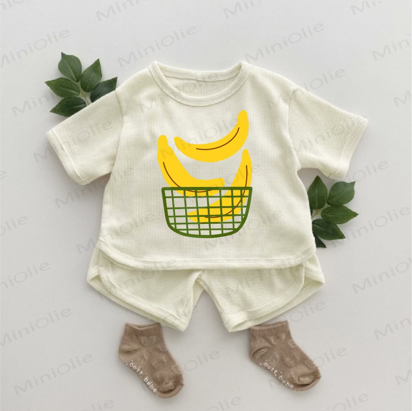 Set di 2 pezzi Baby Banana Basket Print Waffle - Albicocca - 2-3T - image 1