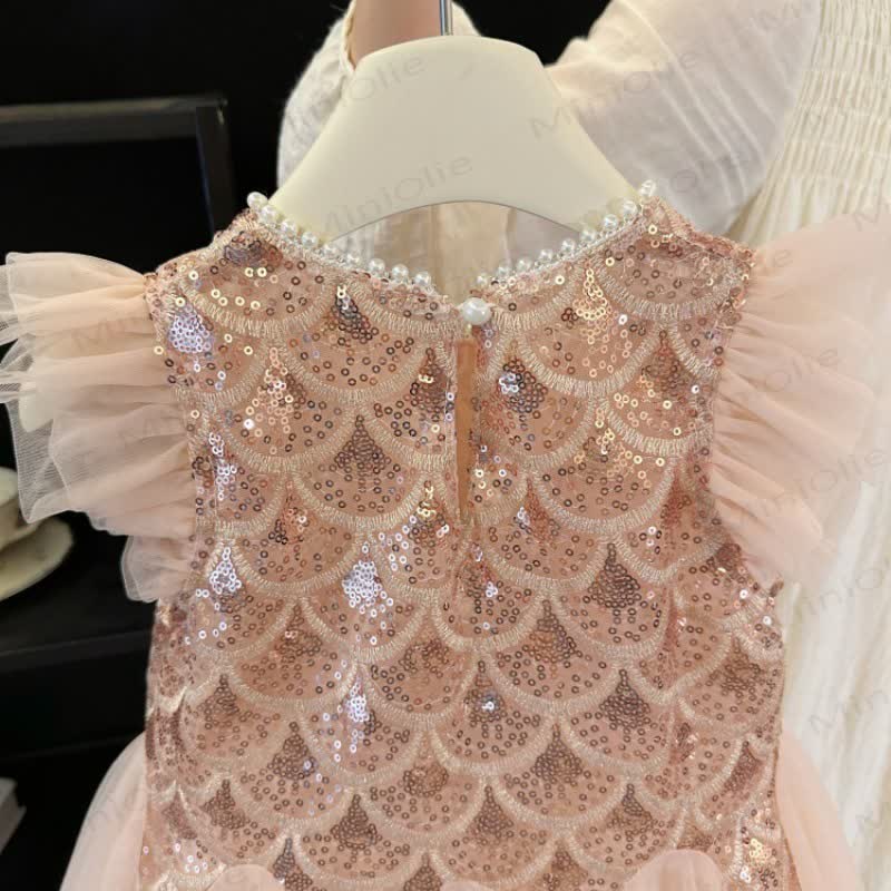 Vestito con maniche a palloncino in rete con paillettes per bambina - image 6