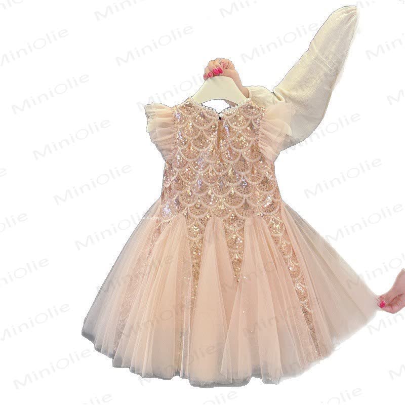 Vestito con maniche a palloncino in rete con paillettes per bambina - image 4