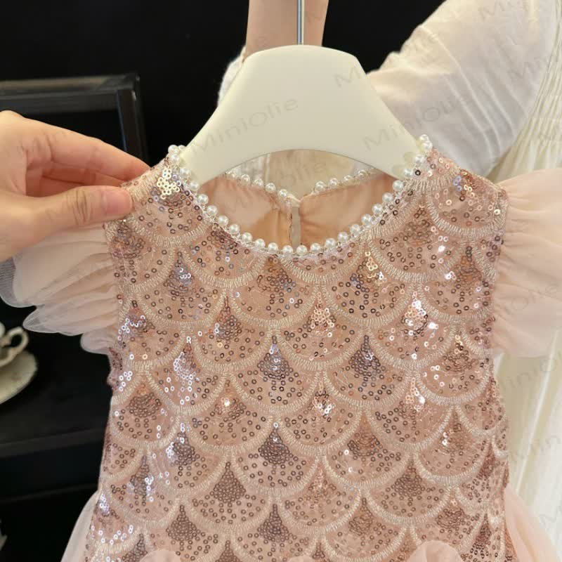 Vestito con maniche a palloncino in rete con paillettes per bambina - image 5