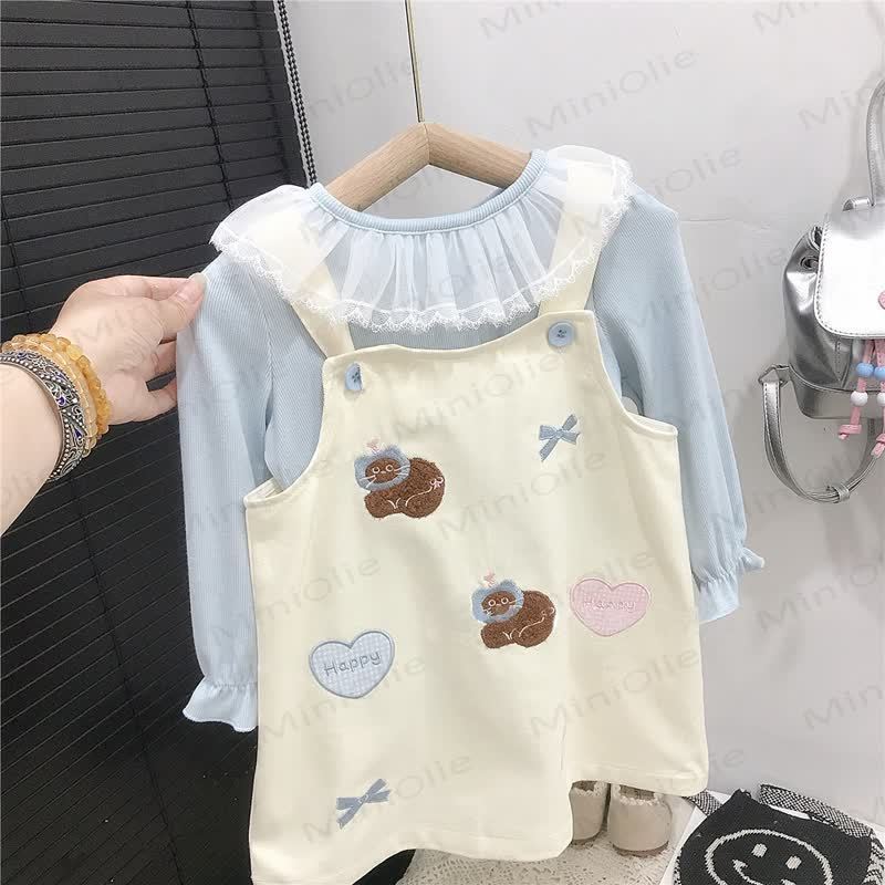 HAPPY Toddler Kids Girl Bow Plaid Love Cat Abito Beige e Top Blu - image 4