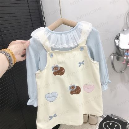 HAPPY Toddler Kids Girl Bow Plaid Love Cat Abito Beige e Top Blu - image 4