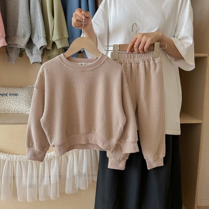 Set da 2 pezzi per bambini, composto da felpa e pantaloni a nido d'ape in tinta unita - Cachi - 7-9T - image 12