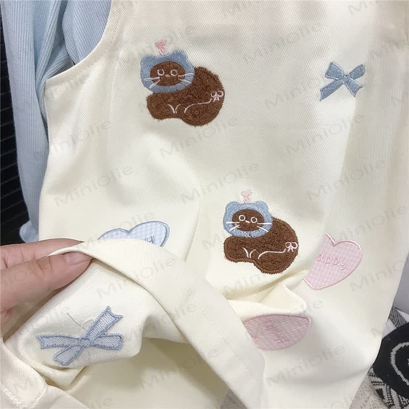 HAPPY Toddler Kids Girl Bow Plaid Love Cat Abito Beige e Top Blu - image 8