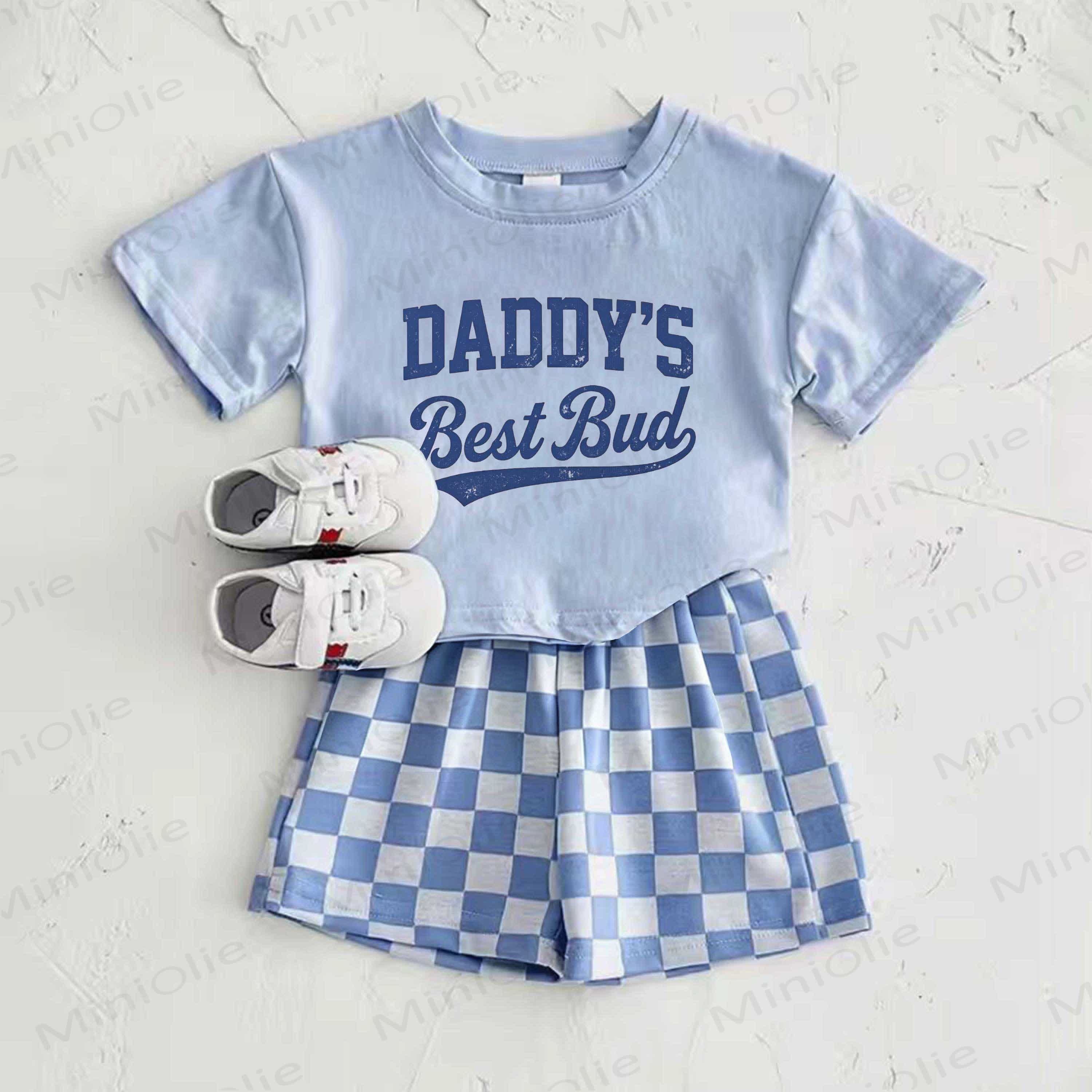 Completo due pezzi "DADDY'S BEST BUD" composto da t-shirt azzurra con slogan e pantaloni a quadri. - Blu - 2-3T - image 1