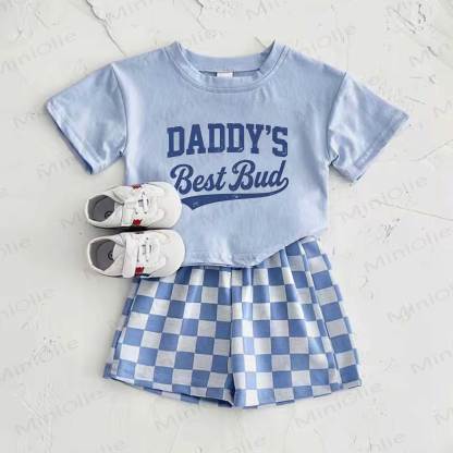 Completo due pezzi "DADDY'S BEST BUD" composto da t-shirt azzurra con slogan e pantaloni a quadri. - Blu - 2-3T - image 1