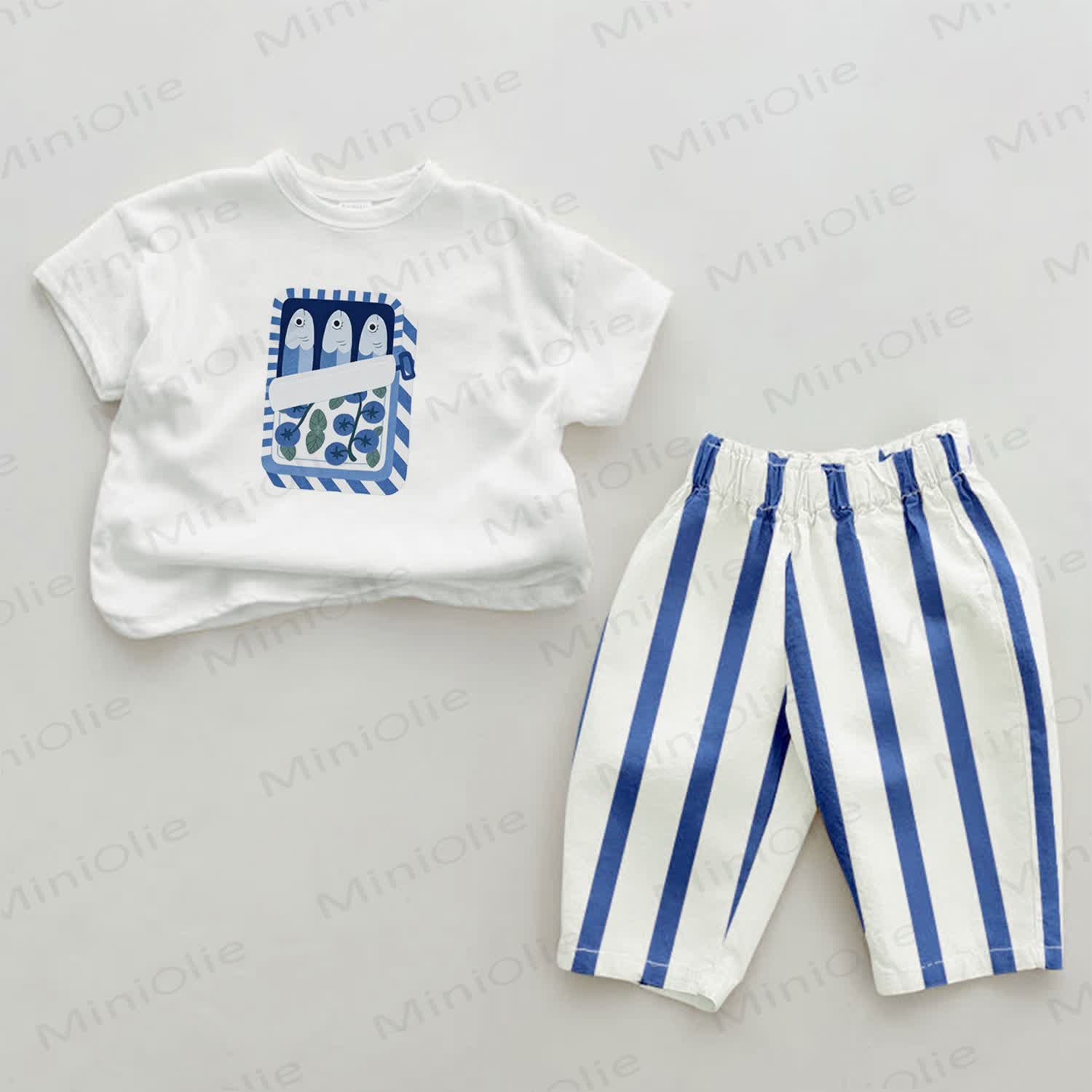 Set bento a 2 pezzi con pesciolini azzurri e righe verticali - Bianco e Blu - 2-3T - image 1