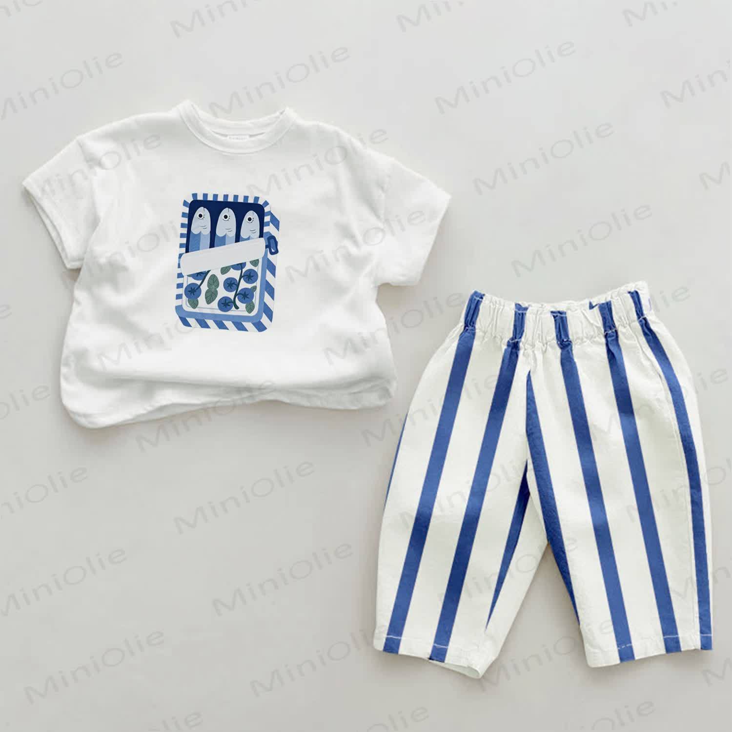 Set bento a 2 pezzi con pesciolini azzurri e righe verticali - Bianco e Blu - 2-3T - image 1