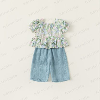 Completo top con maniche a sbuffo e pantaloni a gamba larga per bambini - image 3