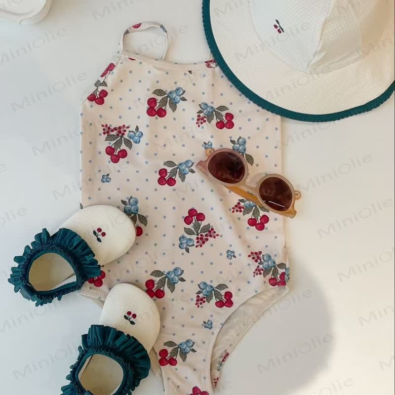 Costume da bagno a triangolo con stampa di ciliegie per bambine. - Beige - 8-9T - image 3