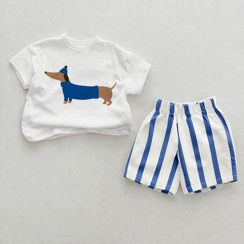 Completo da 2 pezzi con pantaloncini a righe verticali blu per cuccioli di bassotto - Bianco e Blu - 2-3T - image 1