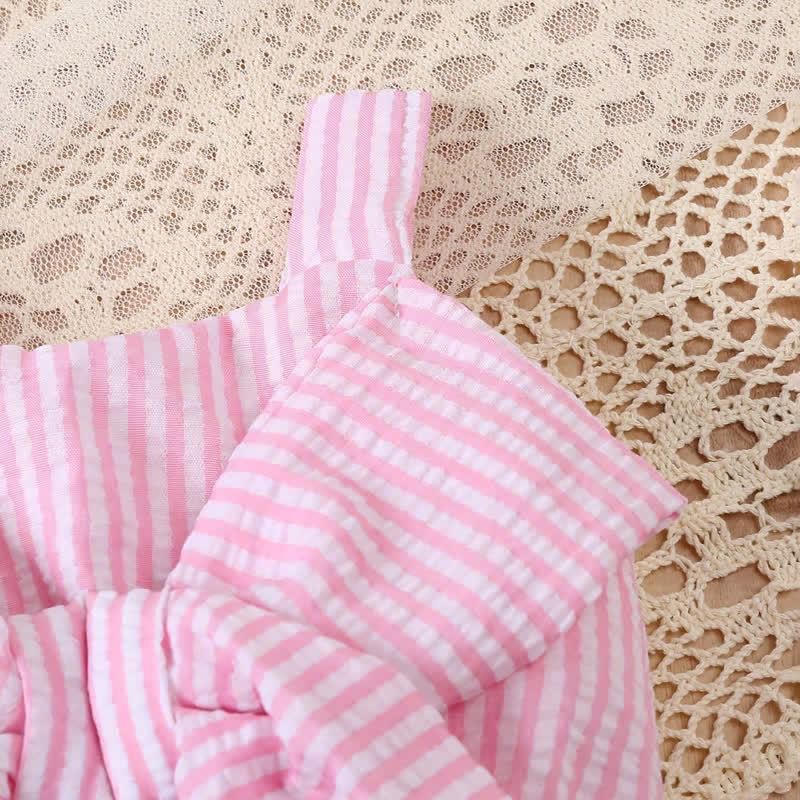 Completo da bambina con canottiera e pantaloncini a righe rosa e fiocco. - image 5