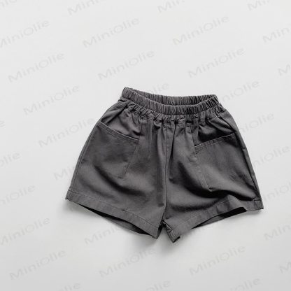 Pantaloncini estivi in ​​cotone a tinta unita per bambini piccoli - Grigio - 6-7T - image 6